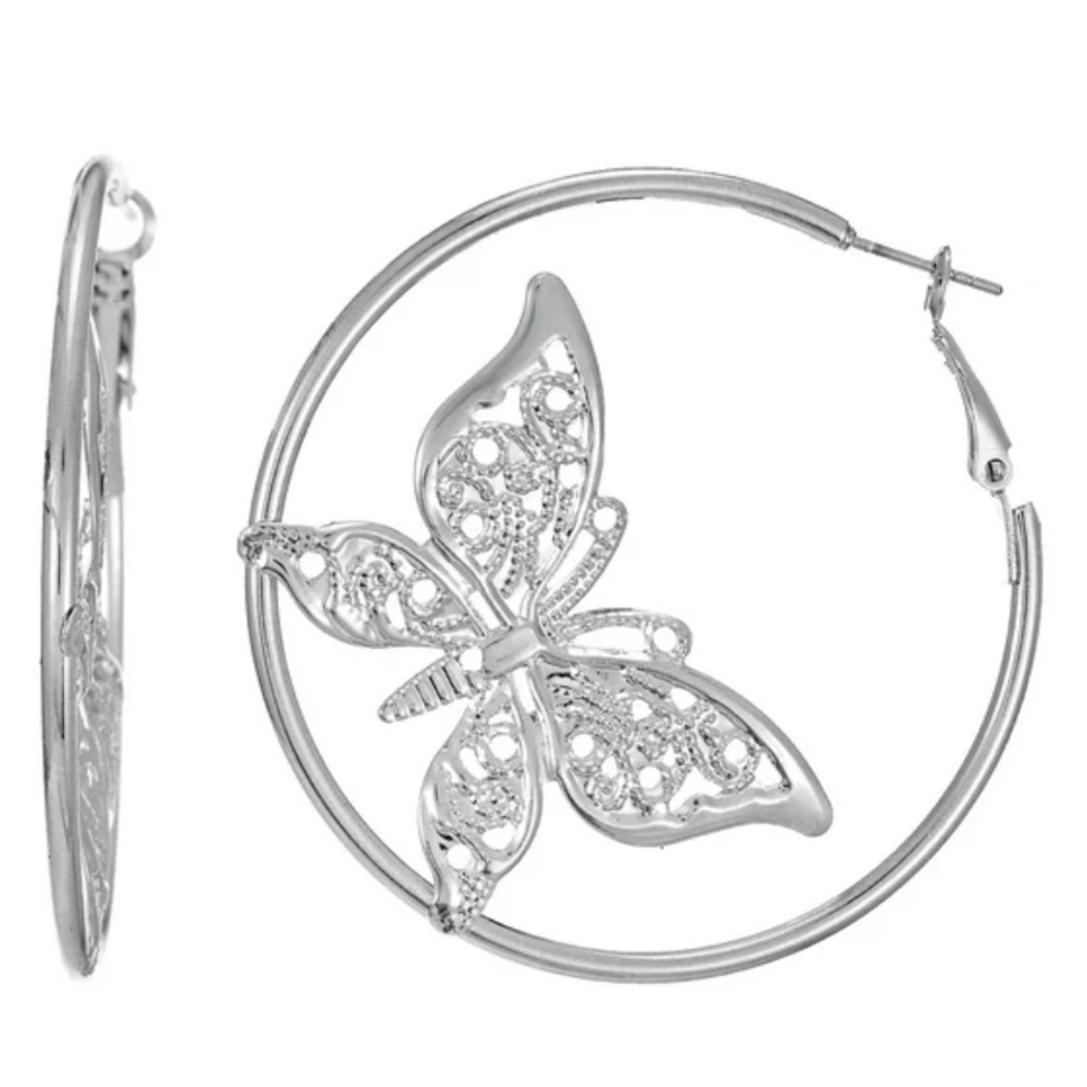 Silver Butterfly Hoop Earrings